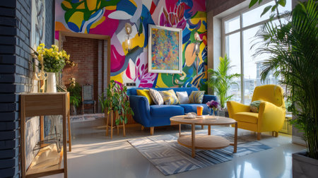 A stylish living room featuring a stunning colorful mural on the wall. The space is bright and inviting with modern furniture, green plants, and ample sunlight.の素材