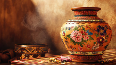 A stunning floral pottery jar featuring intricate designs and warm lighting, perfect for showcasing cultural heritage and home decor elegance.の素材