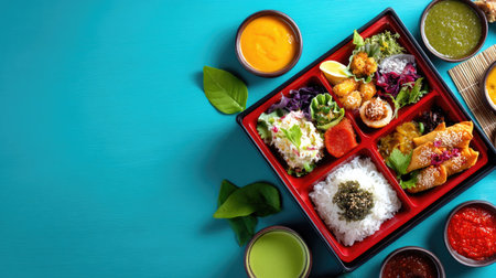 A vibrant bento box filled with rice, fresh vegetables, assorted Japanese dishes, and flavorful sauces on a bright blue background. Perfect for culinary enthusiasts.の素材