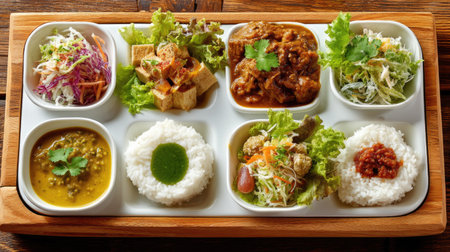 This vibrant bento box features a delightful assortment of Japanese dishes, including rice, vegetables, tofu, and sauces, beautifully arranged on a wooden tray.の素材