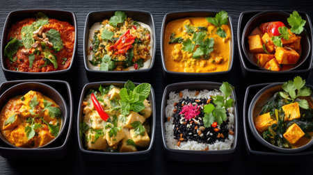 A vibrant display of assorted Asian dishes arranged in bowls, highlighting a variety of flavors and ingredients, perfect for culinary inspiration.の素材