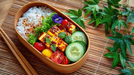 A beautifully arranged bento box showcasing rice, savory tofu, fresh vegetables, and edible flowers, perfect for a nutritious lunch or picnic.の素材