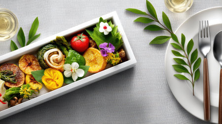 A vibrant vegetarian dish elegantly presented in a white container, featuring colorful vegetables and herbs, perfect for promoting fresh and healthy dining.の素材