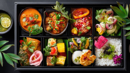 A visually appealing bento box featuring an array of dishes, including rice, sauces, and fresh vegetables. Perfect for culinary enthusiasts and food lovers.の素材