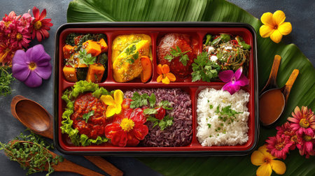 A vibrant bento box displaying an array of Asian dishes, featuring colorful vegetables, rice, and aromatic herbs, garnished with fresh flowers.の素材