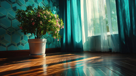 A bright indoor scene featuring a charming potted plant beside a sunlit window, surrounded by elegant curtains. This serene setting enhances any home decor.の素材