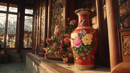 A stunning red vase adorned with intricate floral designs stands against a backdrop of traditional architecture, complemented by a delicate floral arrangement.の素材