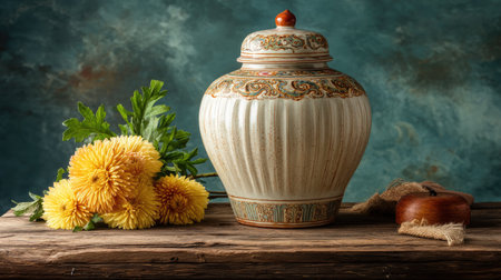 This stunning still life features an ornate ceramic jar paired with vibrant yellow flowers against a rustic wooden table, creating a harmonious blend of elegance and nature.の素材