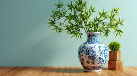 A stunning image showcasing a blue and white vase filled with bamboo and a decorative plant, positioned on a wooden table with a soft blue backdrop, enhancing the serene atmosphere.の素材