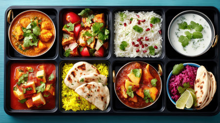 Enjoy a vibrant Indian cuisine platter that showcases an array of colorful dishes. Each section features fresh herbs and rich spices, perfect for a lively meal.の素材