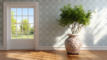 A bright and inviting interior space showcasing a decorative plant beside a large window. The elegant wallpaper enhances the serene atmosphere.の素材