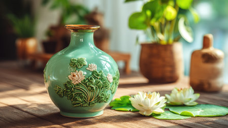 This charming porcelain vase showcases exquisite floral designs, set in a serene indoor environment complemented by fresh lotus flowers, evoking tranquility.の素材