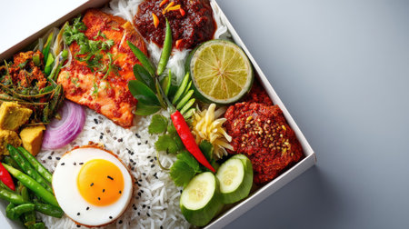 This image showcases a vibrant food box filled with an array of Asian cuisine, including colorful vegetables, savory sauces, rice, and a fried egg, perfect for any meal.の素材