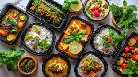 Discover a vibrant collection of vegetarian dishes showcasing rice, fresh herbs, and a variety of flavorful ingredients, perfect for meal prep or catering.の素材