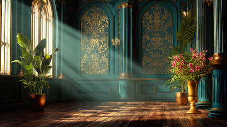 A beautifully adorned indoor space featuring sunlight streaming through windows, accompanied by lush plants and vibrant flowers, creating a serene ambiance.の素材