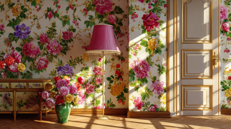 A beautifully arranged interior featuring floral wallpaper in vibrant colors, adorned with a decorative lamp and a vase filled with fresh roses. Sunlight floods the room, enhancing the elegance of the space.の素材