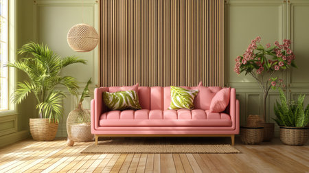 A vibrant modern living room featuring a pink sofa adorned with decorative pillows, surrounded by lush greenery and elegant wooden elements, creating a cozy and inviting atmosphere.の素材