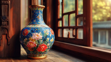 A striking decorative vase features intricate floral patterns and bright colors, illuminated by gentle sunlight streaming through a window, enhancing its beauty.の素材
