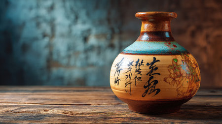 A beautifully crafted ceramic vase featuring intricate designs and vibrant colors sits gracefully on a rustic wooden surface, showcasing artistic craftsmanship.の素材