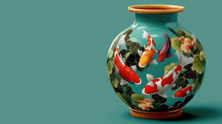 This stunning ceramic vase features a beautiful koi fish design surrounded by lush floral patterns, perfect for adding elegance to any space.の素材