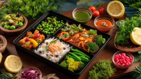 A colorful Indian meal featuring fragrant rice, assorted vegetables, and vibrant condiments, beautifully arranged on a wooden table with fresh ingredients.の素材