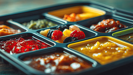 A stunning display of assorted gourmet condiments presented in a divided platter, ideal for enhancing any meal with vibrant colors and rich flavors.の素材