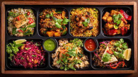 A beautifully arranged gourmet food platter featuring an array of vibrant dishes, fresh herbs, and colorful ingredients, ideal for culinary photography.の素材