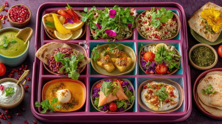 Indulge in a vibrant selection of authentic Indian dishes presented on a beautifully arranged platter showcasing rich flavors and fresh ingredients.の素材