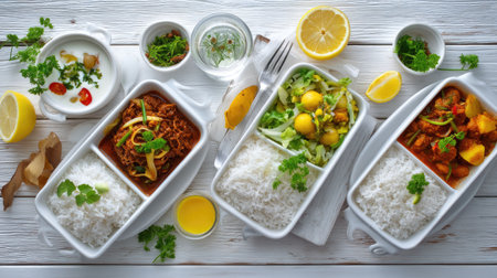 A beautifully arranged spread featuring freshly prepared dishes with rice, assorted vegetables, herbs, and lemon slices, perfect for any meal occasion.の素材