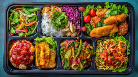 A vibrant bento box showcasing a delightful assortment of Asian foods featuring various vegetables, proteins, and rice, perfect for a satisfying meal.の素材