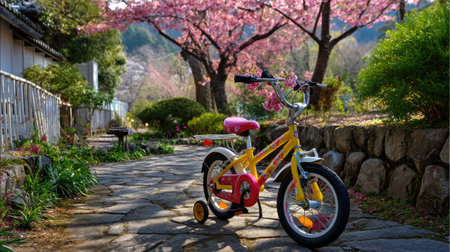 A vibrant and inviting scene featuring a colorful children's bicycle on a charming stone path, surrounded by delicate cherry blossom trees in full bloom.の素材