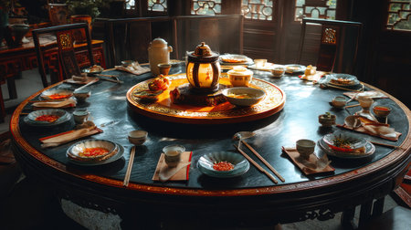A beautifully arranged round dining table features an array of bowls, plates, and cups, accompanied by a teapot, all illuminated by gentle natural light.の素材