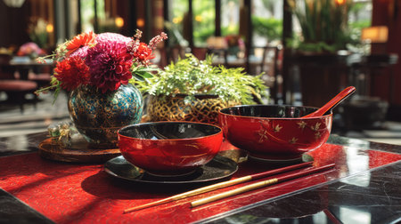 This breathtaking image showcases an elegant Japanese dining table setting featuring red bowls, decorative chopsticks, and a stunning floral arrangement that enhances the luxurious atmosphere.の素材