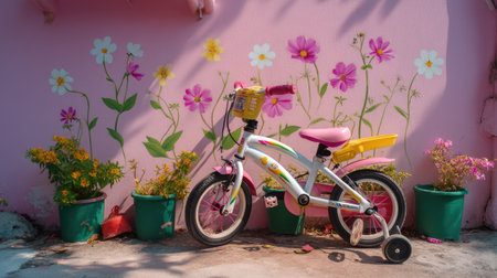 A charming scene featuring a colorful bicycle parked beside vibrant flowers and a pink wall mural, evoking feelings of joy and nostalgia.の素材