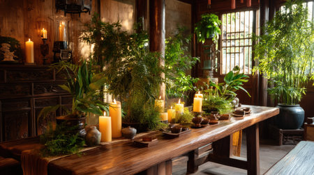 A beautifully arranged wooden table featuring an assortment of indoor plants and soft candles. This serene setting evokes tranquility and encourages relaxation.の素材