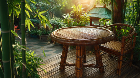 A peaceful garden scene showcasing a beautifully crafted bamboo table and chair surrounded by vibrant greenery, perfect for relaxation and tranquility.の素材
