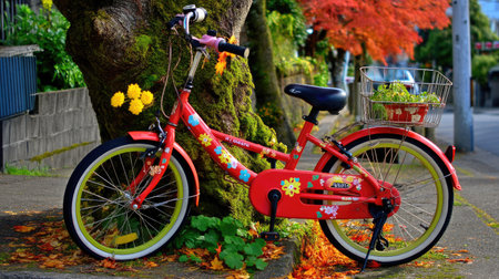 A bright red bicycle rests against a tree, decorated with flowers, surrounded by colorful autumn leaves in a charming neighborhood, evoking a sense of adventure and joy.の素材