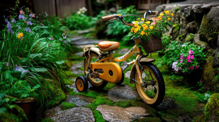This enchanting image features a charming vintage bicycle adorned with flowers, nestled in a lush garden, creating a serene and nostalgic atmosphere.の素材