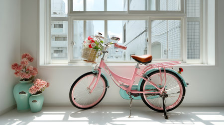 A charming pink bicycle with a basket full of flowers sits next to a bright window, adding a modern and artistic touch to the interior space.の素材