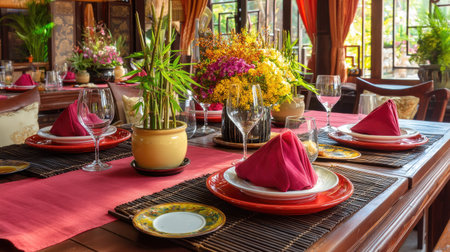 A beautifully arranged dining table featuring colorful flower arrangements and elegant tableware, inviting guests into a cozy and vibrant restaurant atmosphere.の素材