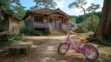 This image showcases an abandoned Japanese house nestled in a lush forest, highlighted by a pink vintage bicycle. The serene atmosphere evokes nostalgia and exploration.の素材