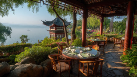 This image captures a tranquil lakeside dining area featuring stylish wooden furniture surrounded by vibrant greenery and traditional architecture, perfect for relaxation.の素材