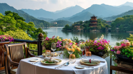 Experience a serene outdoor dining setup showcasing beautiful flowers and a breathtaking view of a lake and mountains, perfect for relaxation and enjoyment.の素材