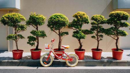 A charming scene featuring a bright red bicycle positioned beside vibrant green bonsai trees in decorative pots, creating an inviting urban atmosphere.の素材