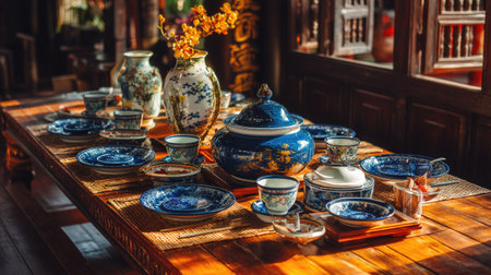 A beautifully arranged blue and white porcelain tea set on a wooden table, surrounded by warm sunlight. This vintage aesthetic exudes tranquility and charm.の素材
