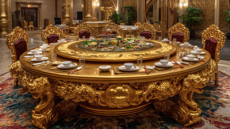 An exquisite round dining table, adorned with stunning gold carvings, invites guests to enjoy a luxurious meal in a fantastically designed banquet hall.の素材