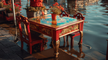 A colorful red table adorned with intricate designs stands amidst water reflections and flowers, creating a picturesque outdoor atmosphere for relaxation and enjoyment.の素材