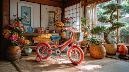 A charming vintage kids bicycle sits amid a vibrant display of flowers and traditional Japanese decor in a cozy indoor setting, evoking nostalgia.の素材