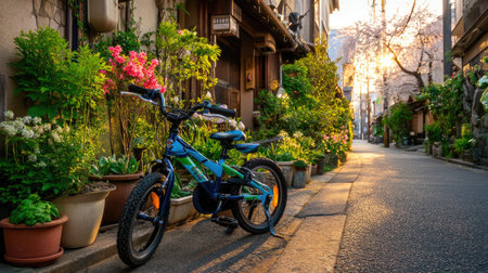 A vibrant bicycle stands against a backdrop of blooming flowers and a softly lit pathway, capturing the essence of serene outdoor spaces in urban environments.の素材