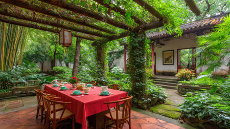 This serene outdoor dining area features a vibrant red table surrounded by lush greenery, creating a tranquil setting for gatherings and celebrations.の素材